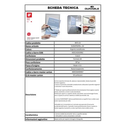 Cornici con pannello magnetico DURABLE DURAFRAME® A4 argento 236x323mm conf. 2 - 487223